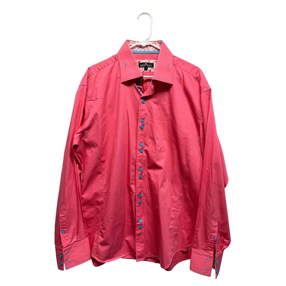 Bertigo Mens Pink Long Sleeve Button Down Shirt Floral Trim Pick Stitch Size 7